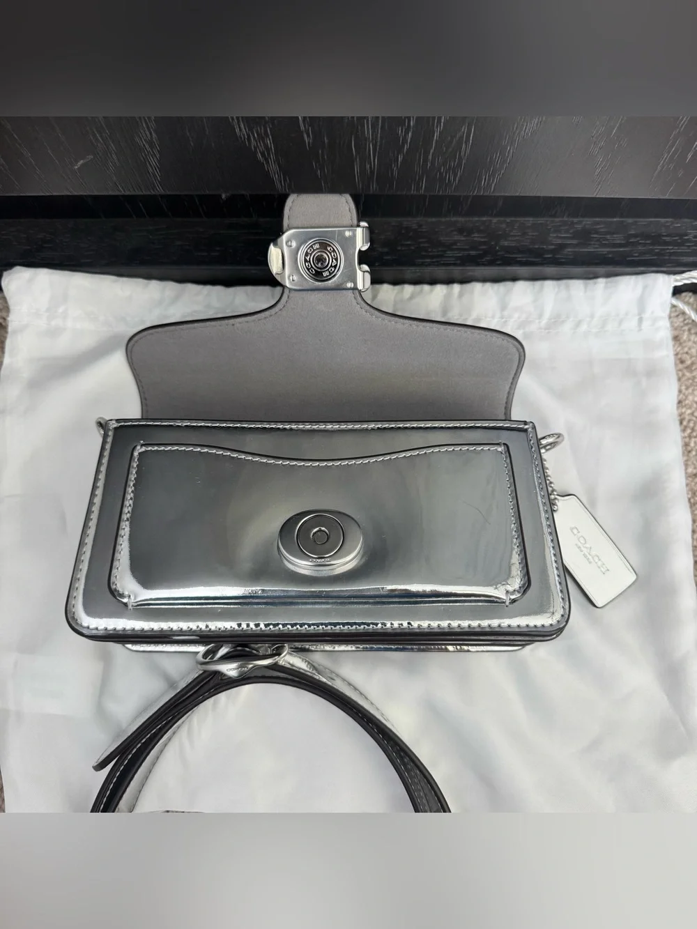 Coach Silver Metallic Tabby Small Crossbody Turn Lock w/ Detachable Strap